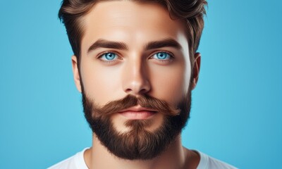Portrait of a bearded man with blue eyes and stylish hairstyle on sky blue background