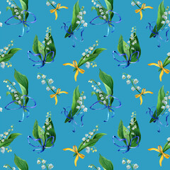 Watercolor seamless pattern lily of the valley, white flowers, green leaves and blue silk bows. Botany background of first spring flower in natural style. Design for covers, packaging, fabric.