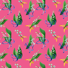 Watercolor seamless pattern lily of the valley, white flowers, green leaves and blue silk bows. Botany background of first spring flower in natural style. Design for covers, packaging, fabric.