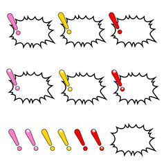 カラフルなビックリマークと右口の爆発型の吹き出し