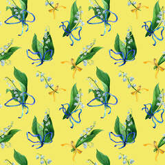 Watercolor seamless pattern lily of the valley, white flowers, green leaves and blue silk bows. Botany background of first spring flower in natural style. Design for covers, packaging, fabric.