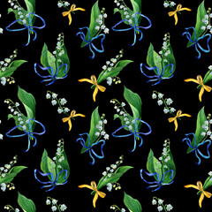 Watercolor seamless pattern lily of the valley, white flowers, green leaves and blue silk bows. Botany background of first spring flower in natural style. Design for covers, packaging, fabric.