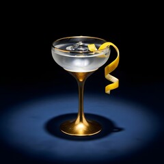 Vesper Martini with a Long Lemon Peel Garnish - Elegant James Bond Cocktail in a Chilled Coupe Glass on a Blue Surface with Dramatic Lighting