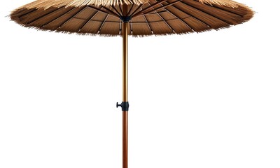 Tropical straw umbrella isolated on white background with wooden pole