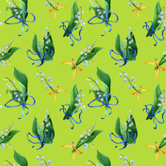 Watercolor seamless pattern lily of the valley, white flowers, green leaves and blue silk bows. Botany background of first spring flower in natural style. Design for covers, packaging, fabric.