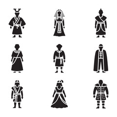 A set of nine black and white icons depicting various medieval professions and activities vector art on white