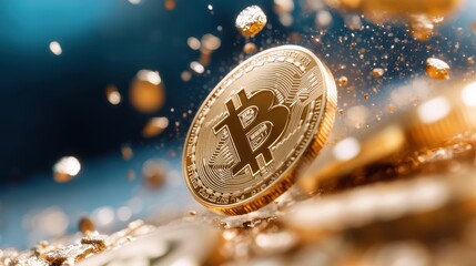 A striking image of a Bitcoin coin in the middle of shimmering gold dust, emphasizing the concepts of digital currency, wealth, and its contemporary role in the global economy.