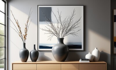 Elegant minimalist interior with decorative vases and modern art