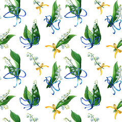 Watercolor seamless pattern lily of the valley, white flowers, green leaves and blue silk bows. Botany background of first spring flower in natural style. Design for covers, packaging, fabric.
