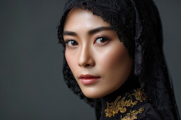 Portrait of a woman wearing a black lace hijab and a black dress with gold embroidery set against a gray background