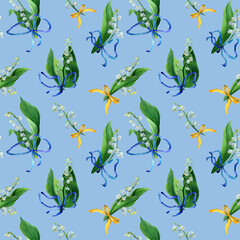 Watercolor seamless pattern lily of the valley, white flowers, green leaves and blue silk bows. Botany background of first spring flower in natural style. Design for covers, packaging, fabric.