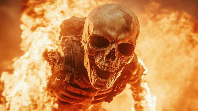 A dramatic depiction of a skull figure engulfed in flames, conveying themes of fear, intensity, and adrenaline, perfect for those drawn to dark, action-oriented visuals.
