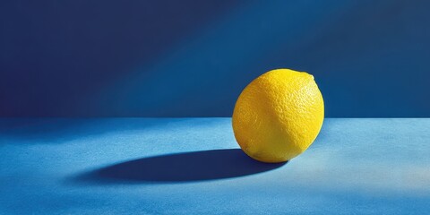 A vibrant yellow lemon on a deep blue surface.