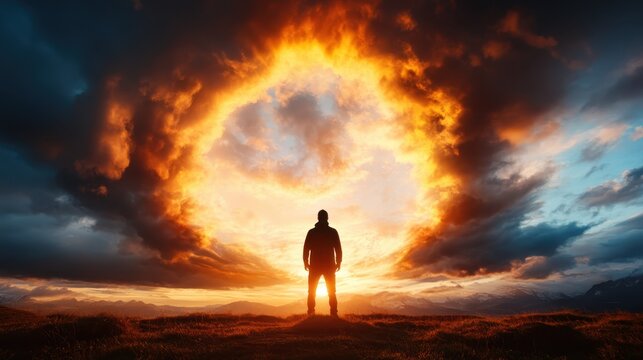 A lone silhouette stands against an explosive sunset sky, radiating warmth and an intense display of colors, symbolizing inner strength and reflection.