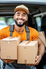A man holding two boxes in front of a van