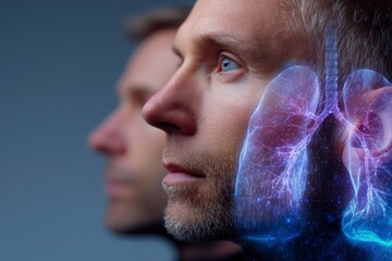 Profile of two men with lung graphic overlay blending human form with internal anatomy