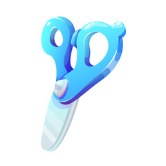 Cute kid scissors. School stationery supply. Funny scissor with blue handles. Vector cartoon illustration isolated on transparent background.