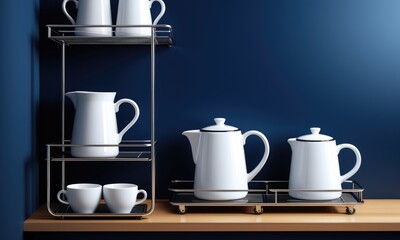 Elegant white ceramics on wooden shelf against deep blue background