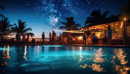 A nighttime pool party under a starry sky, with string lights and palm trees, creates a vibrant and lively atmosphere.