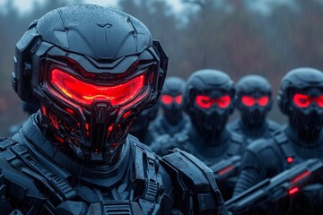 A group of soldiers wearing red glowing helmets in the rain