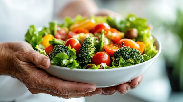A vibrant salad filled with fresh vegetables like tomatoes, broccoli, and bell peppers, showcasing healthy eating and colorful aesthetics in a beautifully arranged bowl.