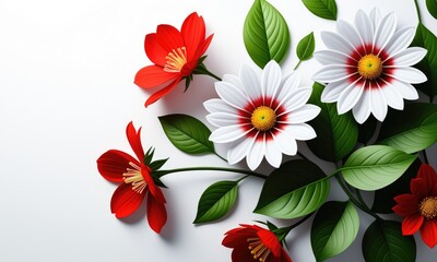 Vibrant floral arrangement with red and white daisies on white background