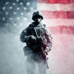 Patriotic soldier standing guard in front of United States of America flag