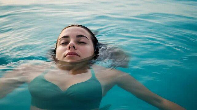 A woman's face with closed eyes emerging from blue water. Relaxation, spa, and wellness concept. Footage for beauty treatments, swimming pools, or meditation practices