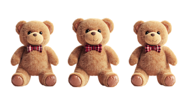 Pack Collection Three Brown Teddy Bears with Red Bows Perfect for Childrens Products set against transparent background - Powered by Adobe
