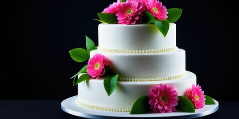 Elegant threetier white cake with pink gerbera flowers and green leaves on black background