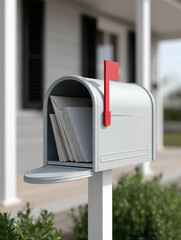 Metal mailbox with open lid and visible envelopes, concept of mail communication and postal document transfer