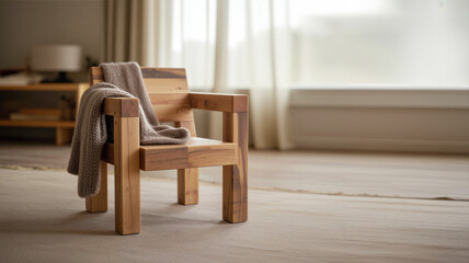 Wooden chair with a blanket in minimalistic indoor setting  