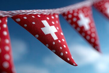 Red and white bunting featuring crosses and polka dots hangs against a blue sky
