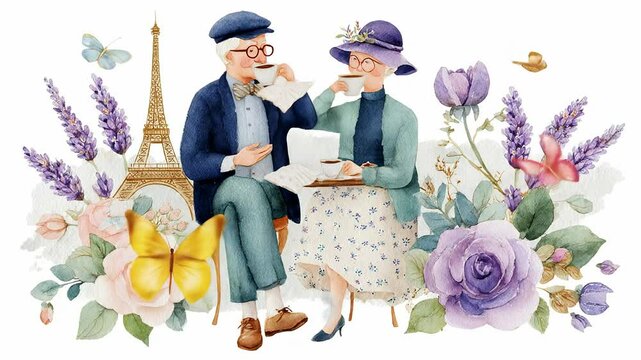 Charming couple enjoys tea while surrounded by nature in a lovely garden setting under the Parisian skyline