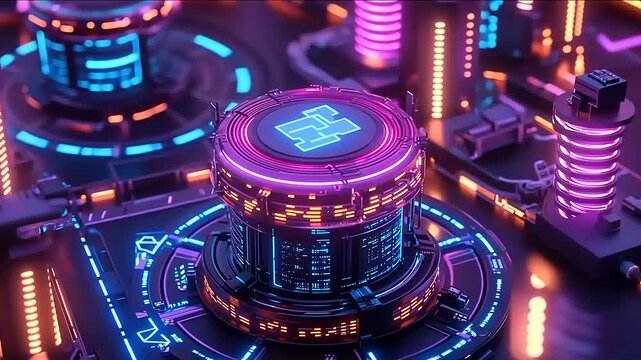 Futuristic Cybernetic Core Data Center Visual with Glowing Neon Elements