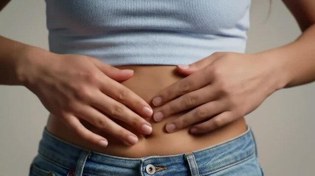 Woman compressing the skin on her stomach and sides checking for cellulite and excess subcutaneous fat