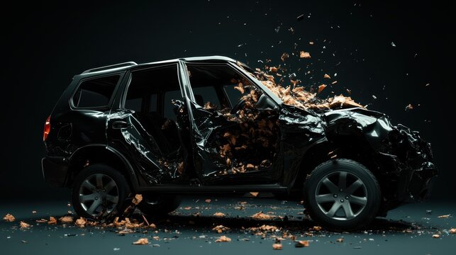 A highly detailed image of a dramatically shattered car, frozen in time, showcases the raw power and destruction in a strikingly dark studio environment, evoking strong emotions.