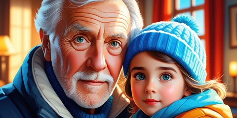 Warm grandfather and granddaughter bonding in cozy winter setting