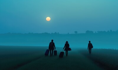 Silhouetted travelers walking with luggage at sunrise in misty landscape