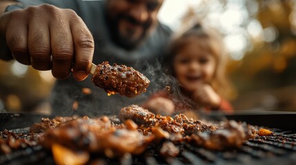A joyful father enjoys grilling delicious food while a young girl watches with excitement, highlighting the warmth of family bonding and outdoor cooking moments.
