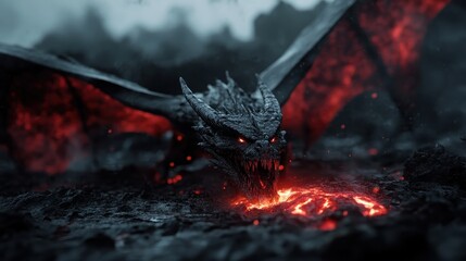 A fierce dragon with glowing red eyes emerges from a volcanic landscape, exuding fire and danger amidst a dark and smoky environment, showcasing its raw power.