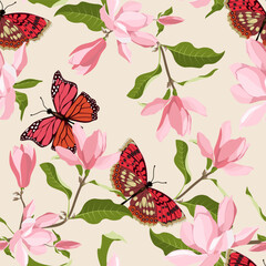 Seamless vector illustration with magnolia flowers and butterflies on a beige background. For decorating textiles, packaging, wallpaper.