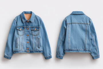 Light blue denim jacket on a white background, front and back view, featuring button closure, chest pockets, and classic design.