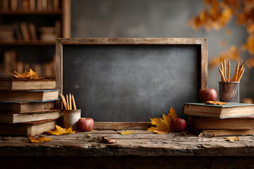 Back to school, blank chalkboard on wooden desk with books, pencils and leaves for school advertising banner with educational elements and autumn vibe, copy space available.
