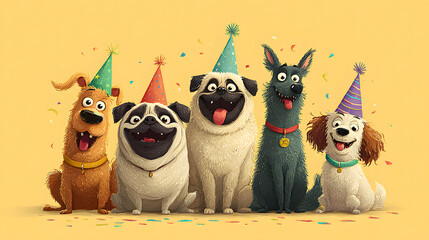 Cartoon illustration of a lively group of dogs celebrating a birthday party, including a cheerful bulldog, excited pug, smiling dachshund, happy labrador, and playful spaniel; each dog is wearing