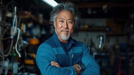 Obraz premium An experienced craftsman poses confidently in his workshop, showcasing his expertise and pride in craftsmanship, surrounded by tools and materials that reflect his trade.