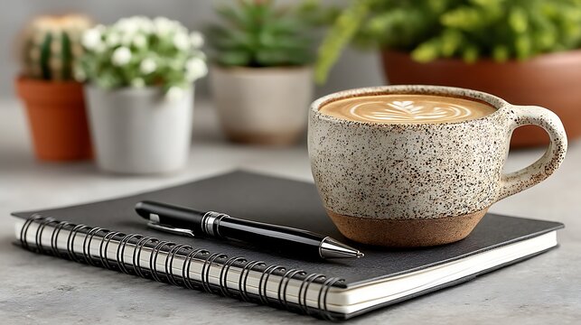 Cozy Workspace Latte Art with Notebook, Pen  Plants  Morning Ritual, Comfort, and Coffee Break.