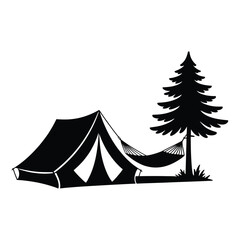 Camping tent hammock tree silhouette isolated on white background
