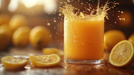 Fresh orange juice splash in glass, surrounded by lemons