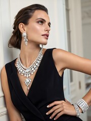 Elegant woman in black dress showcasing elaborate diamond jewelry set with matching bracelet and earrings